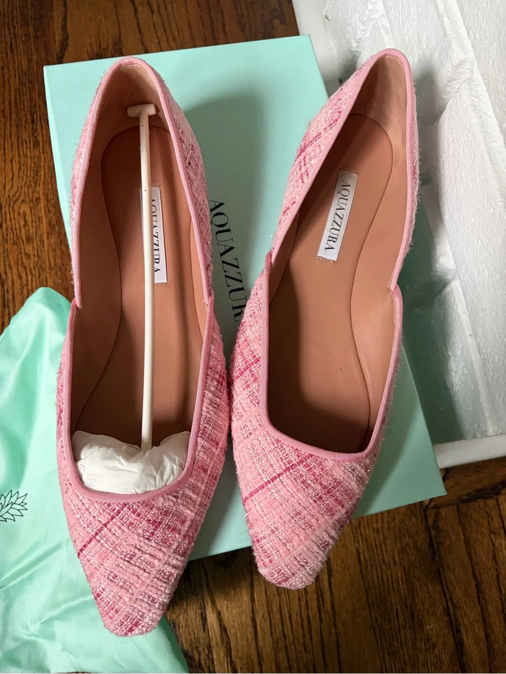 Aquazzura Maia Pink Tweed Pointed Flats with Silver Accent